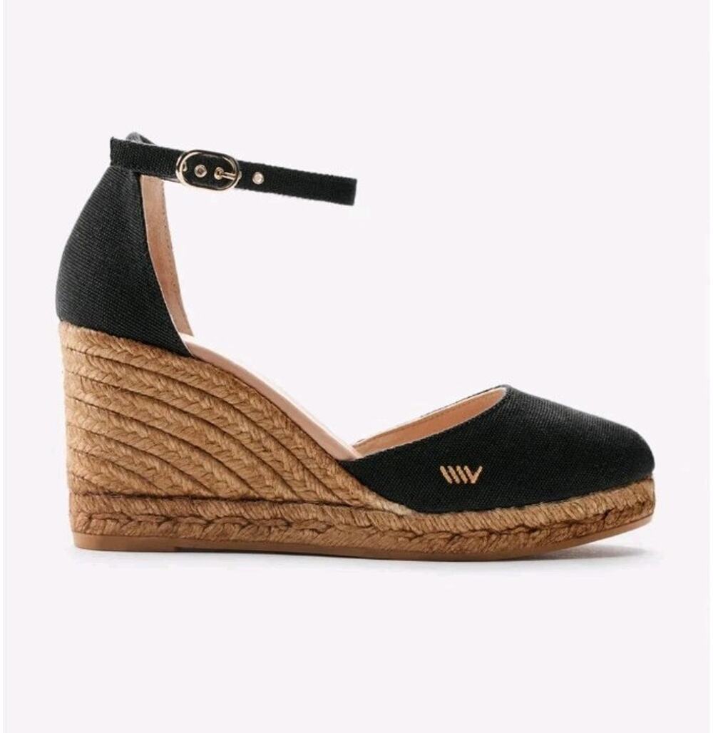 Viscata Barcelona Palamos Black Canvas Wedge Espadrilles Women's 38 US 7 Spain